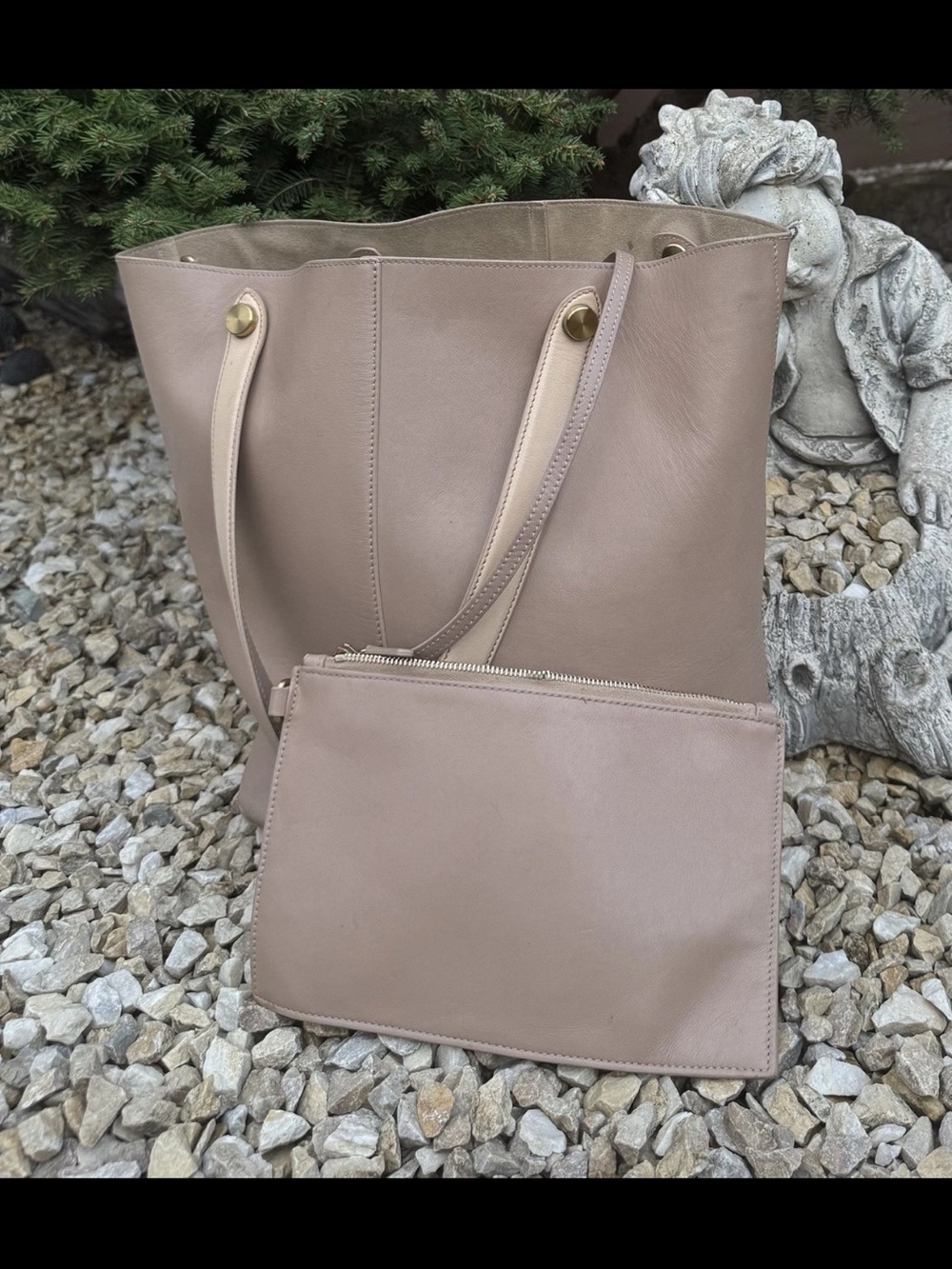 Mulberry Taupe & Cream Leather Tote with Removable Pouch